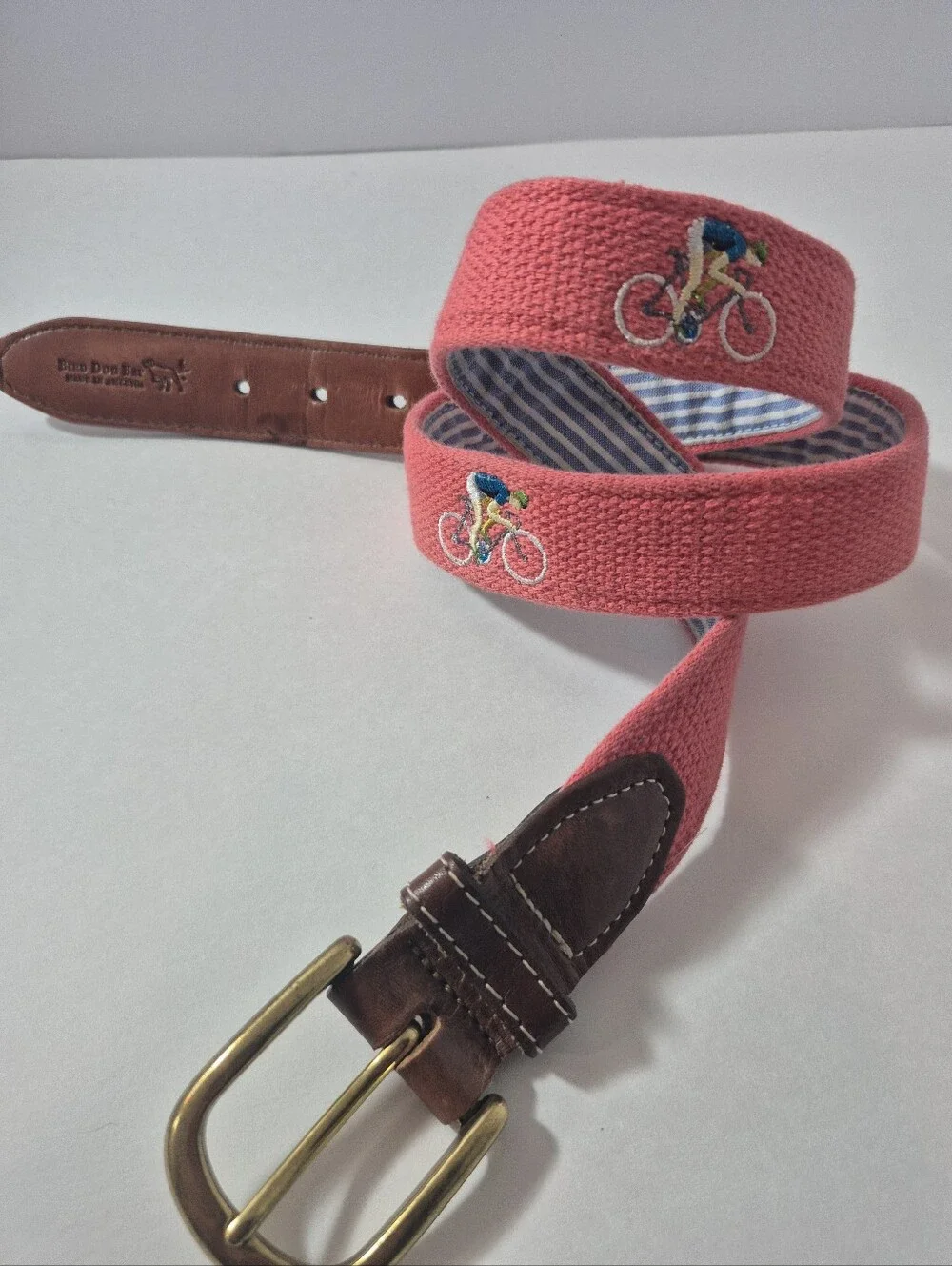 Bird Dog Bay Men’s Blue/Pink Embroidered Belt 34/35 Brass